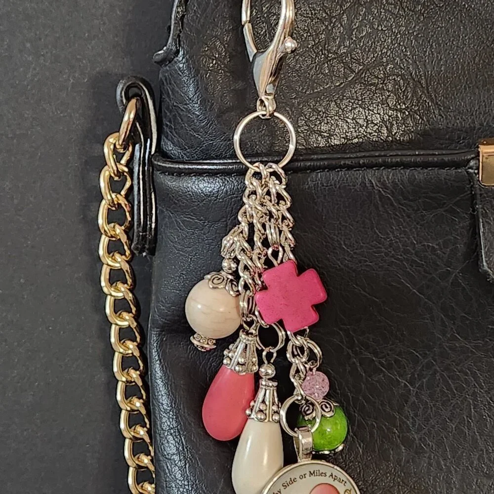 Hand Crafted Purse Charm Sisters Pendant Pink White Green Silver 5 1/4